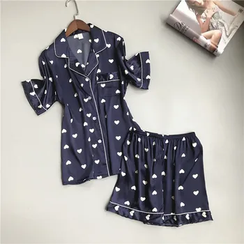 2 BUC Set pentru Dormit, Pijamale pentru Femei Costum din Satin Imprimat Sleepwear Sexy Pijamale Acasă Haine Largi Sus și Pantaloni Rever cămașă de noapte Pijamas 5