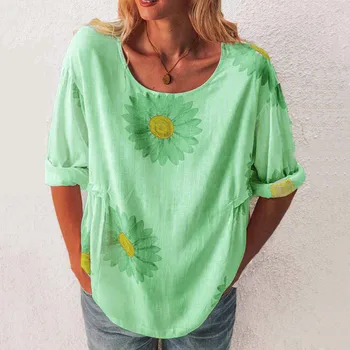 2020 Femei Elegante O-Neck Shirt Bluza Casual De Vara Lenjerie De Pat Din Bumbac Tricou Pulover Supradimensionat Daisy Print Feminin Blusa Topuri Blusas 5