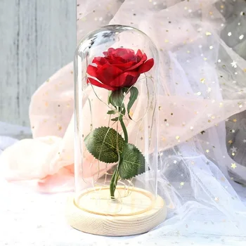 Dropshipping frumoasa si ia Trandafir Roșu într-o Cupolă de Sticlă cu Lumină LED-uri de Bază de Lemn de Valentine ' s Ziua de Crăciun Cadou 5