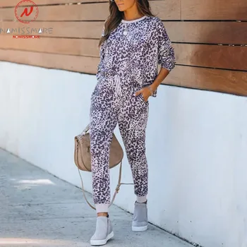 Femei Casual Pierde 2 Bucata Set Cordon De Proiectare Buzunare Decor Talie Mare Leopard Print Slim Pantaloni De Creion+O-Neck Maneca Lunga De Sus 5