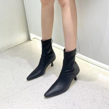 Moda Femei Șosete Cizme Stretch Botas Glezna Cizme Scurte Negre Kaki Mov Pantofi 2021 Nou Stil Zip Înapoi De Cizme De Toamna Mijlocul Tocuri 5