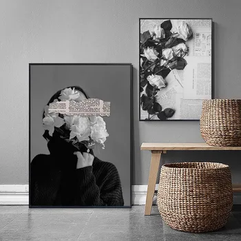 Modei moderne Femeia-Floare, Panza Pictura Alb-Negru a Crescut Ziarul Citat de Wall Art Print Poster pentru Camera de zi Decor Acasă 5