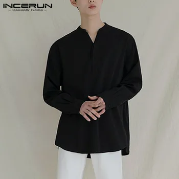 Rochie eleganta Camasa INCERUN de Agrement Solid de Culoare Tricouri Barbati Maneca Lunga V Gât Camisa Om coreeană Stil Combinezon Hombre Blusas 5XL 5