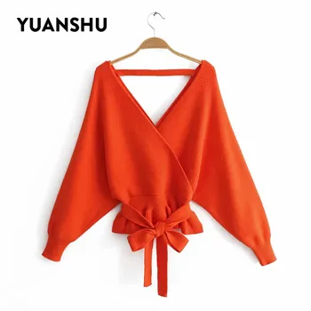 YUNANSHU 2020 Femei de Moda Pulover V Neck Toamna Primavara Tricotate Pulover Casual Batwing Maneca Arc Înnodate Topuri potrivit pentru S-XL 5