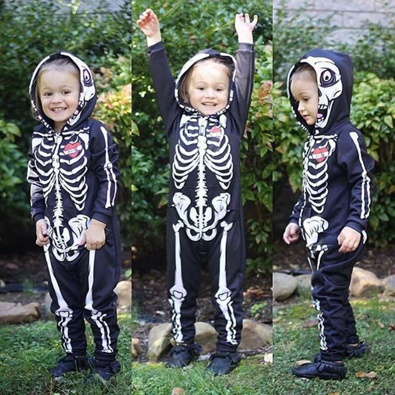 Baietel Halloween Romper Craniu Hanorac Copii Romper Black Salopeta Cu Fermoar Copilul Costum De Halloween Pentru Sugari Maneca Lunga Salopetă 0