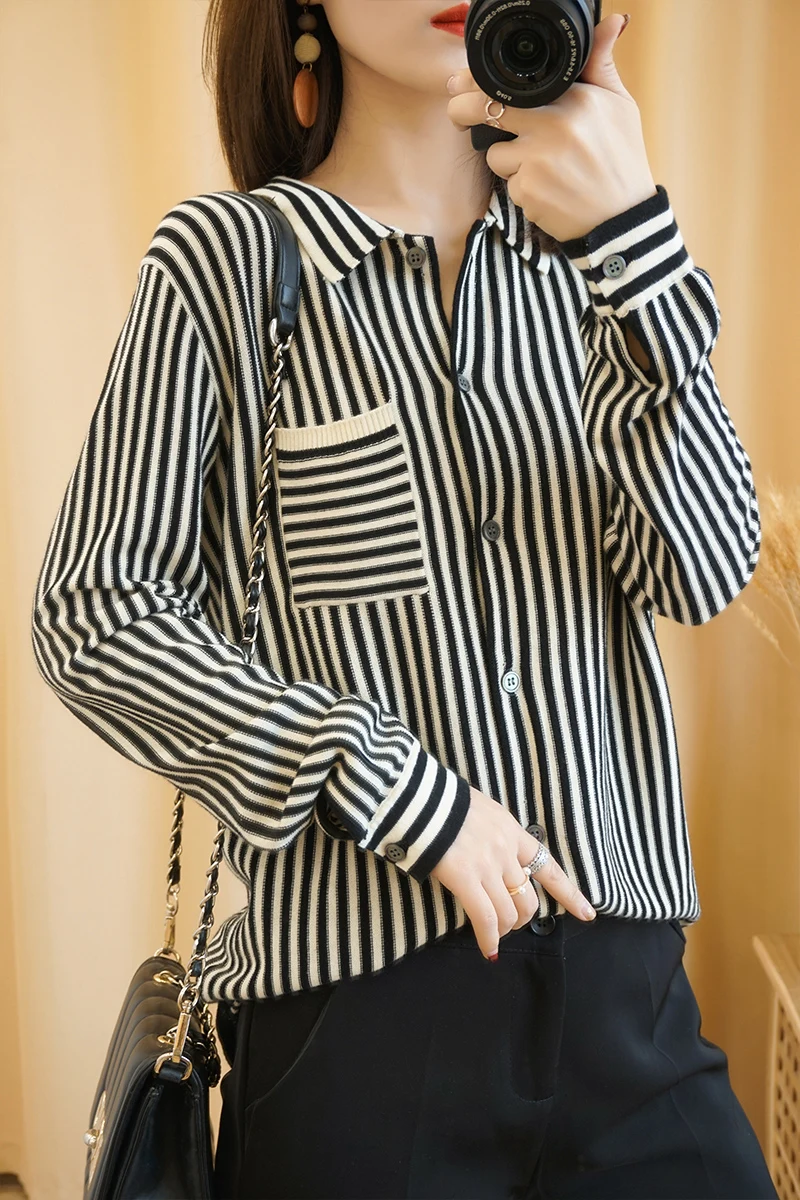 Bumbac Tricot Top Coat Pentru Femei Pulover De Turn-Down Maneca Lunga Femei Cardigan Pulover Femei Haine Casual Stripe Shirt Tricotate 0