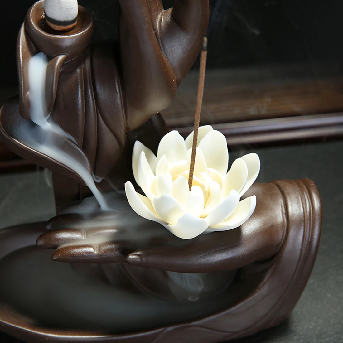 Ceramica De Retenție Arzător De Tămâie Tathagata Buddha Lotus Tămâie Stick Titularul De Fum Cascada Decor De Acasă Cu 20 Buc Conuri De Tămâie 0