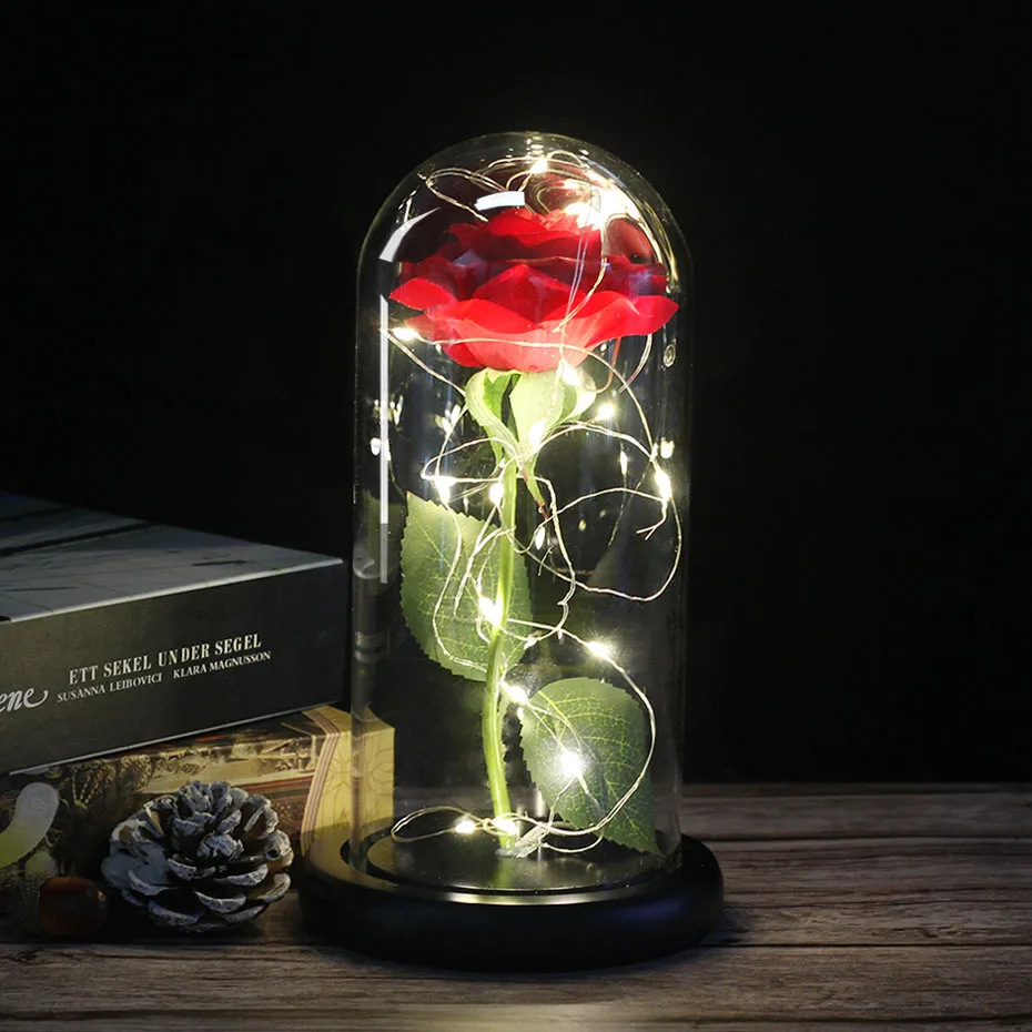 Dropshipping frumoasa si ia Trandafir Roșu într-o Cupolă de Sticlă cu Lumină LED-uri de Bază de Lemn de Valentine ' s Ziua de Crăciun Cadou 0
