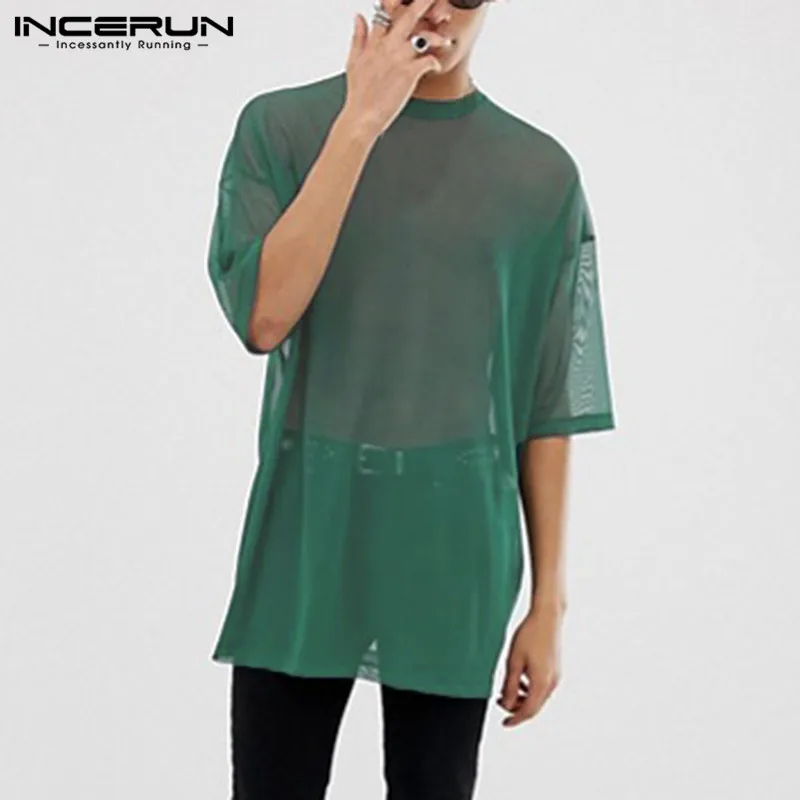 INCERUN Moda Mesh T Camasa Barbati Transparent, Maneci Scurte 2021 O de Gât Casual Teuri Respirabil Streetwear Solid Bărbați T-shirt S-5XL 0
