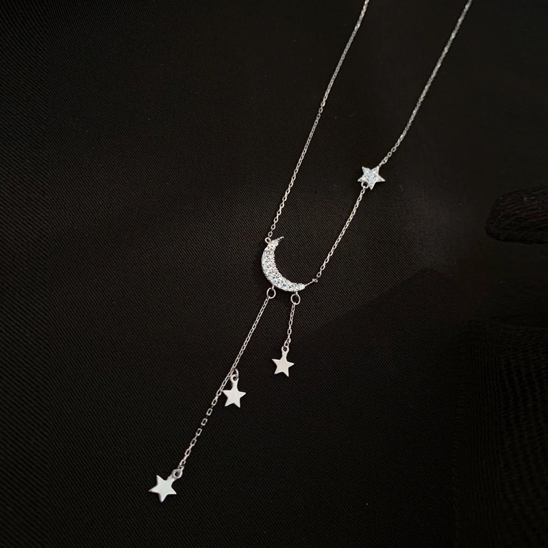 Nou Minunat 925 Sterling Silver Star Luna Ciucure Pandantive Coliere Pentru Femei cravată collares Bijuterii de Nunta Clavicula Colier 0