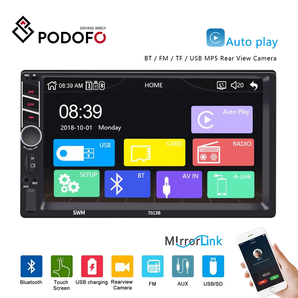 Podofo 7013B 2Din Carplay Radio Auto Android Auto MP5 Player Video Handsfree Bluetooth USB 7