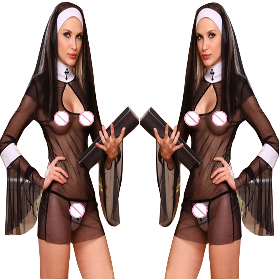 2020 Nou Costum Sexy Femei Cosplay Călugărițe Uniformă Transparent Lenjerie Sexy Exotice Călugăriță Costume De Halloween Rochie De Tinuta Vestimentara 1