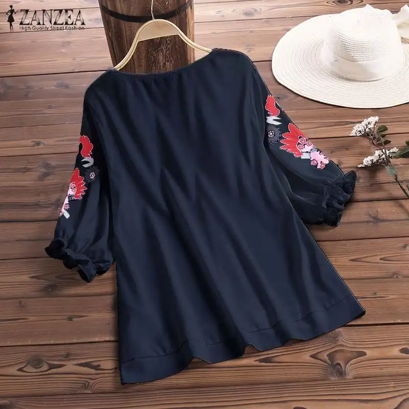 2021 ZANZEA Femei Bluza de Vara Etnice Floral Print Shirt Boem Lantern Maneca Blusas Tunica Casual Topuri Largi Combinezon Mujer 1