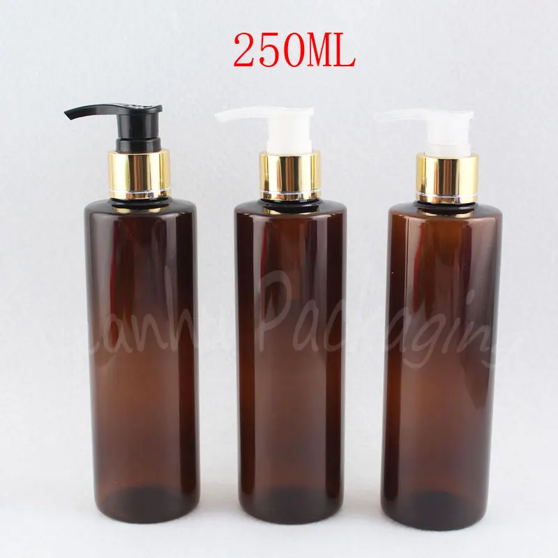 250ML Maro Umăr Plat Sticla de Plastic Cu Aur Lotiune Pompa , 250CC Machiaj Sub-îmbuteliere , Șampon / Loțiune Ambalaj Sticla 1