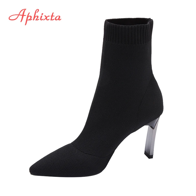 Aphixta Negru Tricotat Elastic Femei Șosete Cizme Pantofi Elegante de Metal Subțire Toc Subliniat Toe Glezna Cizme pentru Femei 1