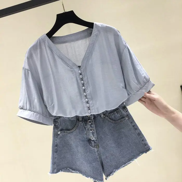 Coreeană Maneca Scurta Bluza Șifon Bluze 2021 Noi Subțire Șifon Tricouri Femei Vara Plus Dimensiune Bluze Largi, Tricou Femei Top Solid 1