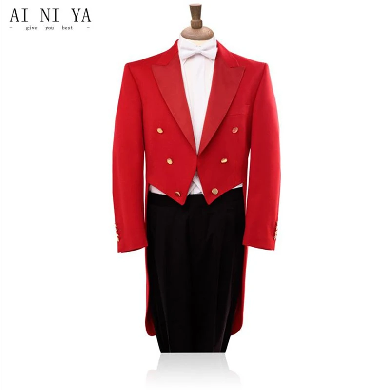 De înaltă calitate, cu coadă lungă rochie costum de toamna roșu fracul sacou negru, pantaloni de costum spectacol de moda personalizate sacou și pantaloni 1