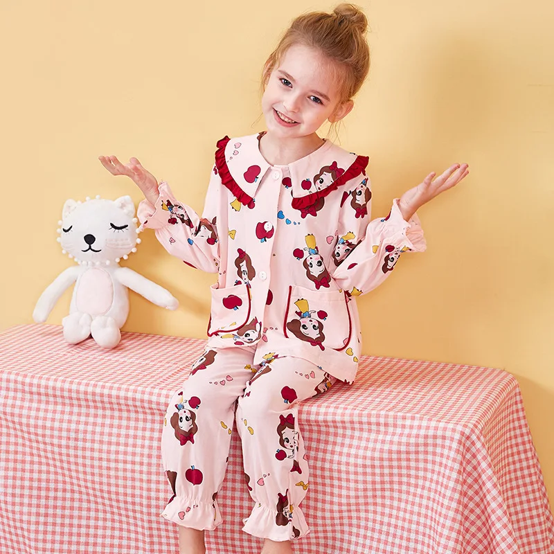 Design nou de Primăvară Pijamale Pentru Copii Fete de Bumbac Desene animate Seturi de Pijamale cu Maneca Lunga Drăguț Guler de Turn-down de Sus Și Pantaloni 1