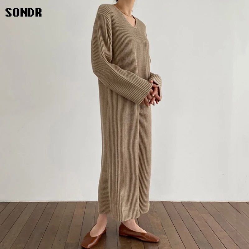 Dintr-o Bucata coreean Rochie Pulover 2020 Toamna Iarna Îmbrăcăminte pentru Femei V-Neck Loose Simplitate Tricot Bottom Rochie pentru Femei Rochie Lunga 1