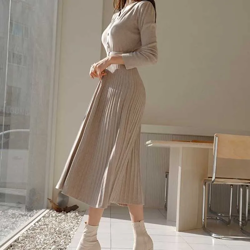 Dintr-O Bucata Femeie Pulover Tricotate Rochii Plisate Coreean Doamna Eleganta Slim V-Gât Rochie De Iarna Pentru Femei Mâneci Lungi Rochie Midi Rochie 1