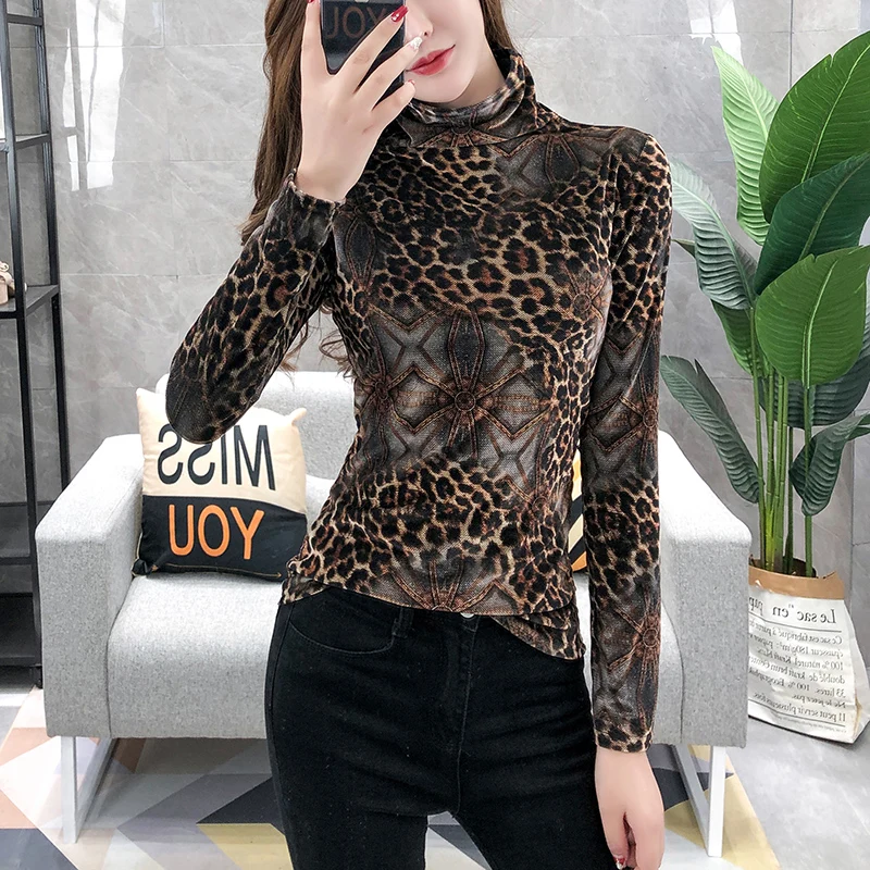 European de primăvară Haine tricou Chic, Sexy Leopard Gât Înalt de Catifea Tricou Femei Topuri Ropa Mujer Bottom Tricou Tricouri 2020 T06801 1