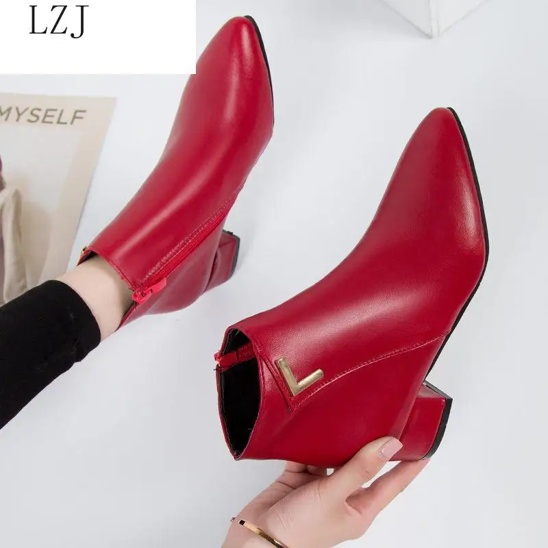 Femei Cizme Casual Din Piele Scăzut Tocuri Inalte Pantofi De Primăvară Femeie Subliniat In Picioare De Cauciuc Glezna Negru Roșu Zapatos Mujer Plus Dimensiune 35-42 1