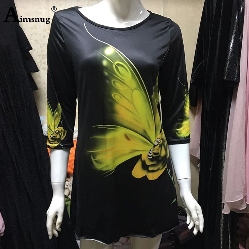 Femei de Dimensiuni Mari 5xl Noi de Vara Fluture Imprimate T-Shirt Maneca 3/4 Rotund Gât Topuri Elasticitatea Feminin Liber Casual Tricouri Tricou 1