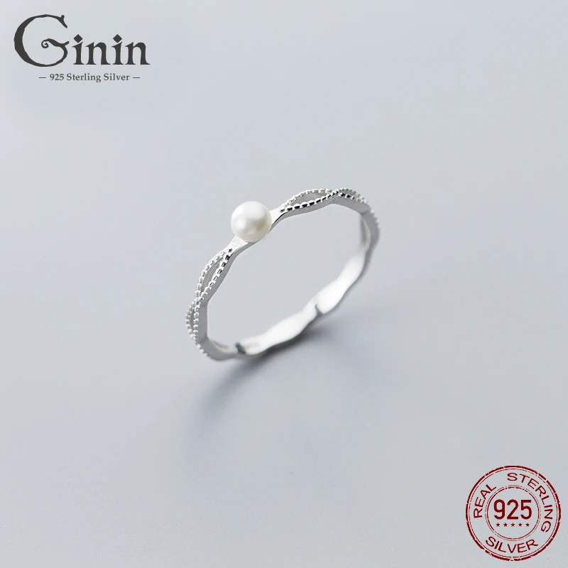Ginin Real Argint 925 Moda Dulce Mica Pearl Inel Pentru Femei Simple, Elegante Treacă Linia De Gol Degetul Bijuterii De Lux 1