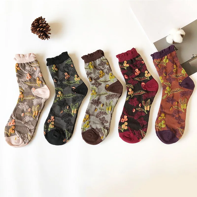 Jeseca 5Pairs/Lot imprimeu Floral din Bumbac pentru Femei Șosete Japoneze Kawaii Drăguț Șosete pentru Femei Harajuku Epocă Streetwear Ciorap de Craciun 1