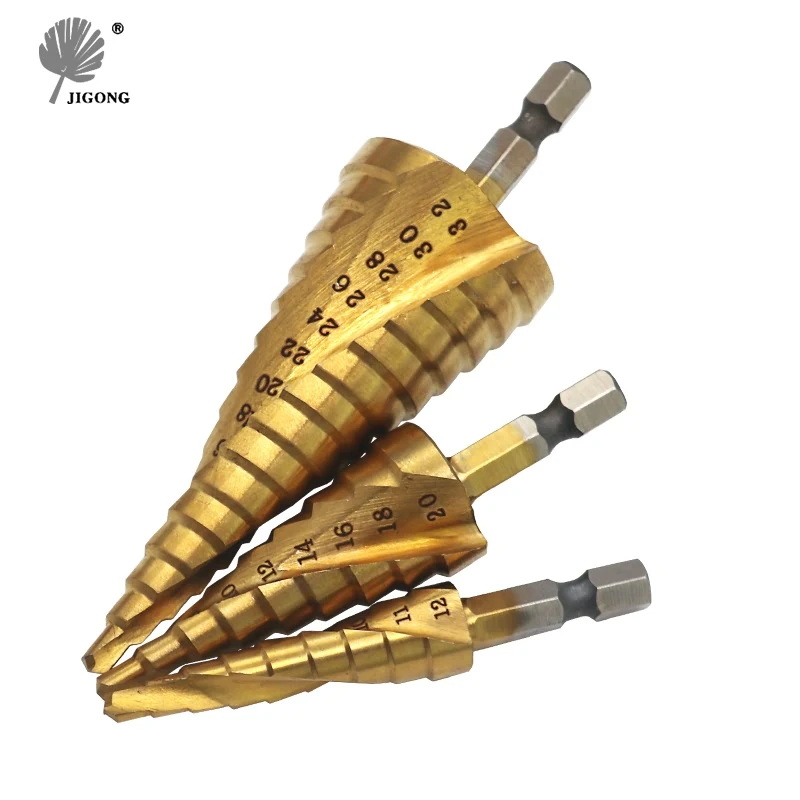 JIGONG 4-32mm Pagoda Forma HSS Foraj Triunghi Coadă de prelucrare a Metalelor din Oțel de Mare Viteză Pas Burghiu Gaura de Tăiere Instrumente 3pcs 1