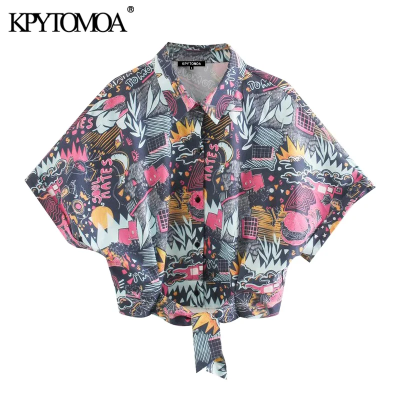 KPYTOMOA Femei 2020 Moda Tipărite Arc Legat Trunchiate Bluze Vintage Guler Rever Maneca Scurta Femei Tricouri Blusas Topuri Chic 1