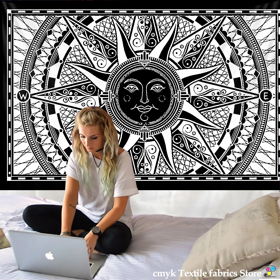 Mandala Tapiserie Vrăjitorie Agățat de Perete Boho-decor Astrologie Soarele Pătură Alb Negru Sun Moon Mandala Mână Spală Țesături Imprimate 1
