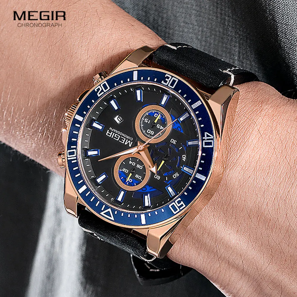 MEGIR 2020 Lux Curea din Piele Cuarț Ceasuri Barbati de Moda Casual Sport Chronograph Watch Om Impermeabil Ceas Luminos 1