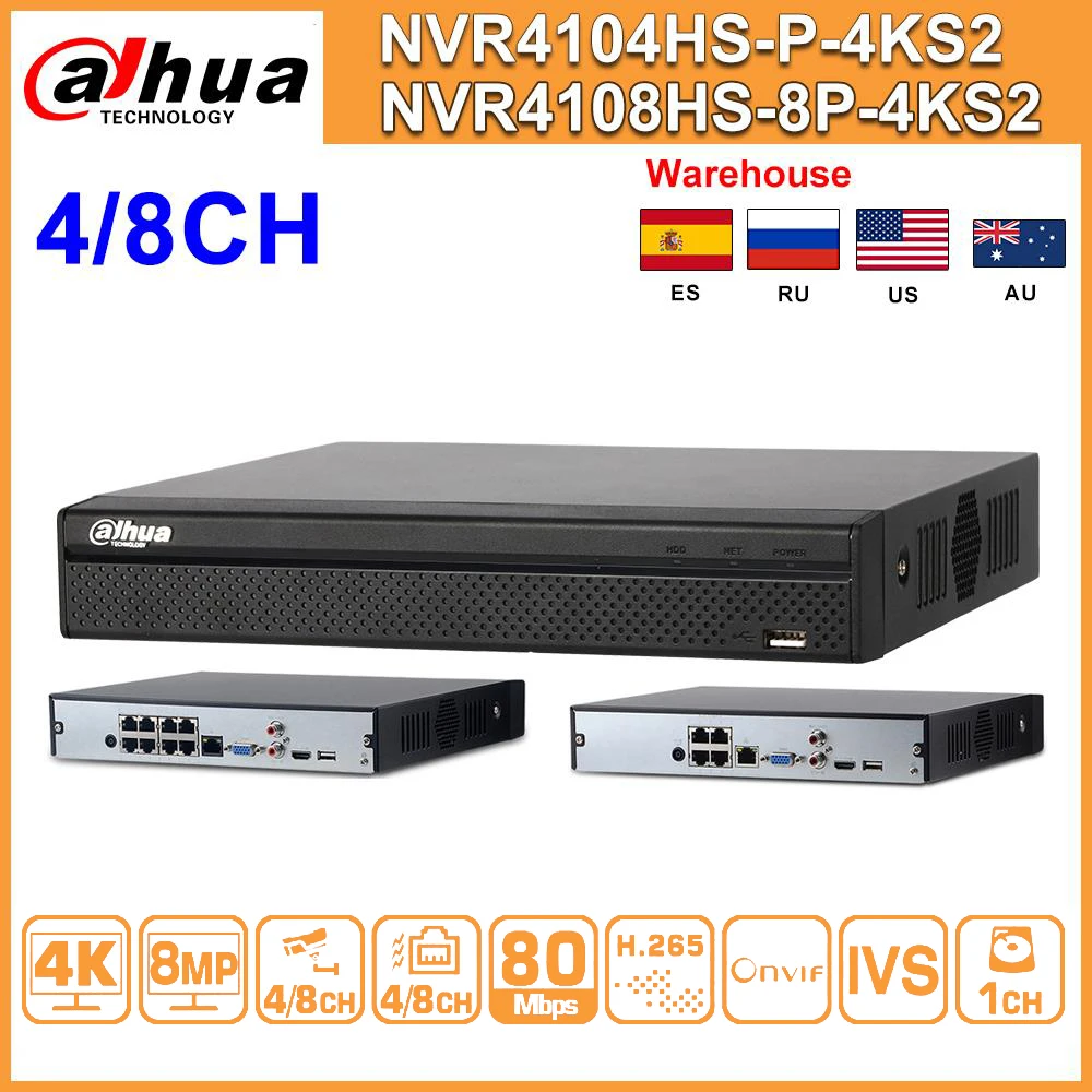 Original NVR Dahua NVR4104HS-P-4KS2 NVR4108HS-8P-4KS2 4/8 CH POE NVR 4K Network Video Recorder cu IVS HD de 8 mp pentru Camera IP 1