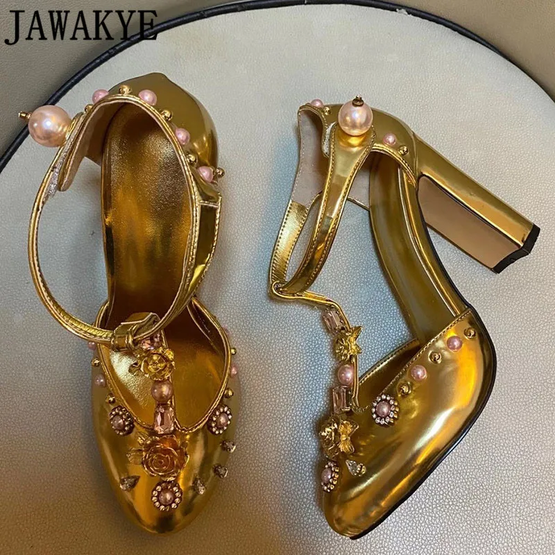 Piele De Aur Stras Pantofi Retro Floare Bijuterii Diamant Nituri Tocuri Inalte Mary Janes Plus Dimensiune Mireasa Nunta Pantofi Femei 1