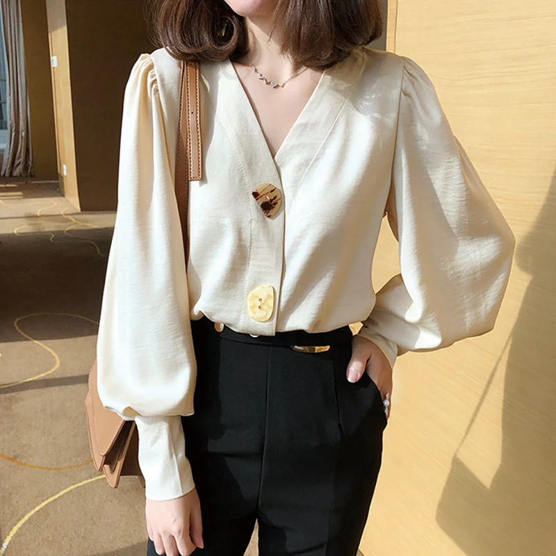 QRWR Nou Primavara Toamna Femei de Moda Bluze 2020 V, Sexy, Elegant, Solid, cu Mâneci Lungi Tricou Casual Șifon Buton Bluza Femei 1