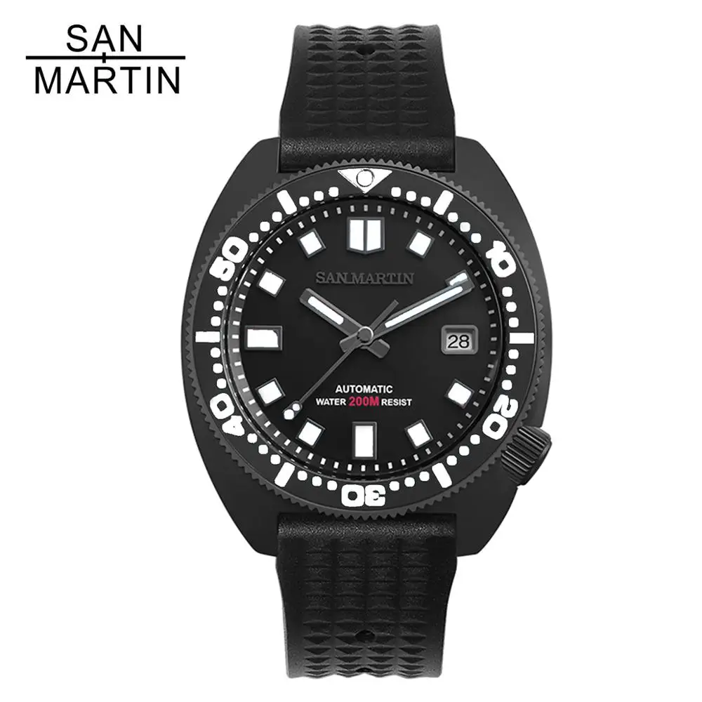San Martin Negru Ton 6105 din Oțel Inoxidabil se arunca cu capul Bărbați Ceasuri de Colorat Super-Luminos Safir 20Bar Automată Bărbați Încheietura ceas Nou 1