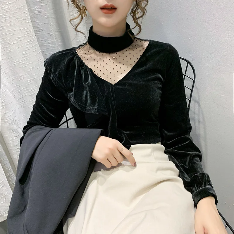 Toamna Iarna Haine coreene T-Shirt Sexy Volane Pleuche Mozaic ochiurilor de Plasă Strălucitoare Topuri cu Maneci Lungi Ropa Mujer Teu În 2020 Nou T00525A 1