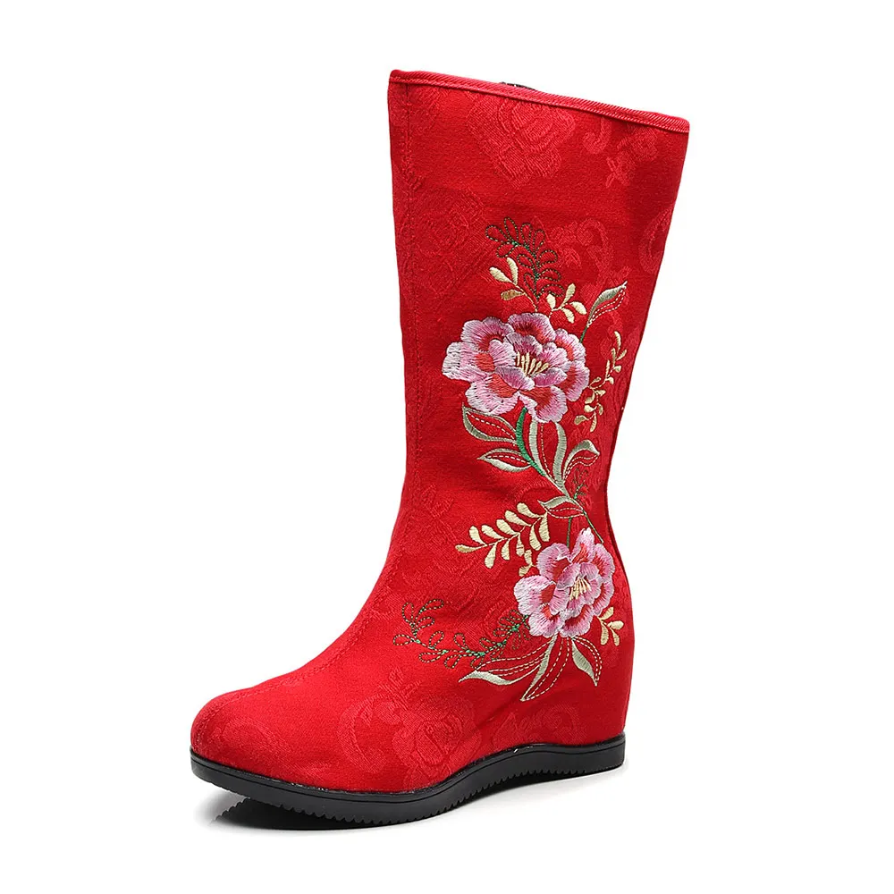 Veowalk Toamna pentru Femei Tesatura de Bumbac de la Jumătatea Vițel Cizme cu Broderie Chineză Femeie Ascunse Pană Călcâi Confort Toamna Pantofi Doamnelor Cizme 1