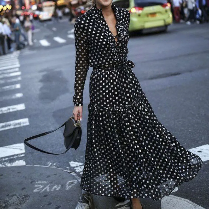 Vintage Femei Polka Dot Long Maxi Dress V Gâtului Bandaj Rochie Neagră Sexy Stil Francez Sundress Elegant Doamnelor Vestidos De Îmbrăcăminte 1