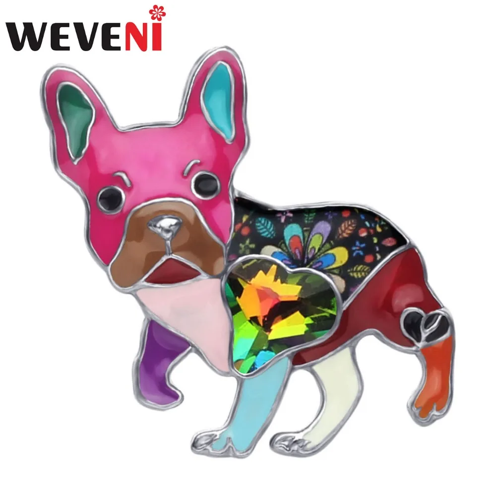 WEVENI Aliaj Email Stras Bulldog francez Pug Câine Broșe Haine Pin Animale de Companie Bijuterii Pentru Femei, Fete Cadou Decor 1