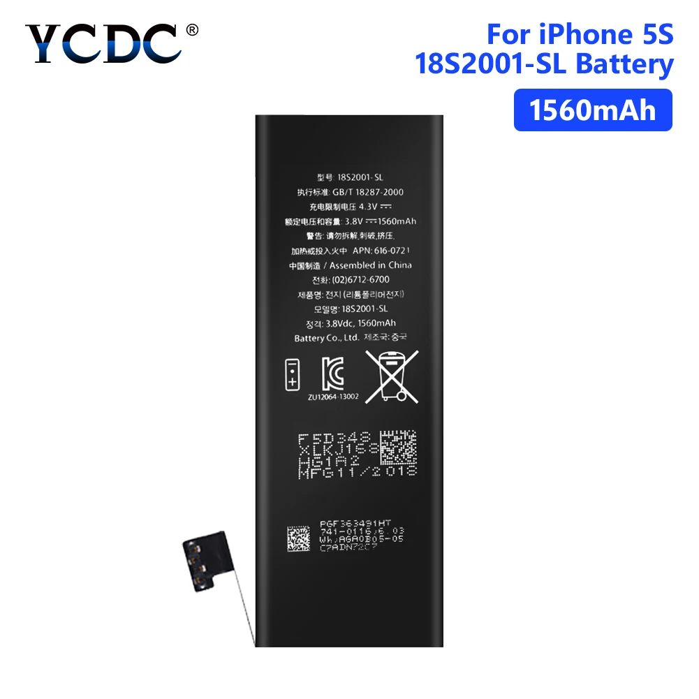 YCDC Litiu de Înaltă Calitate Reală capacitate 3.8 V 1560mAh Baterie Pentru iPhone 5S 5C iPhone5S Reîncărcabilă Telefon Bateria Bateriile 1
