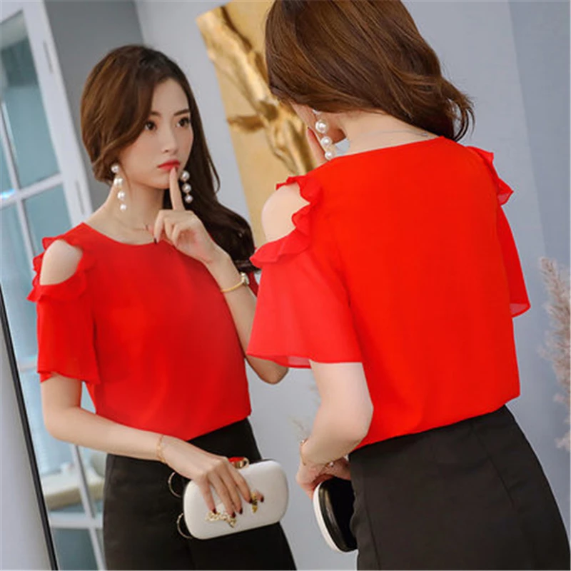 2019-Coreean De Femei Cu Maneca Scurta Slim Topuri Si Bluze Femei O-Neck Șifon Tricou Pe Umar Culoare Solidă Blusas Mujer 2