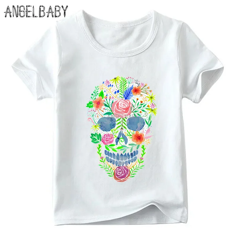 Baieti/Fete de Flori Craniu plin de culoare de Imprimare T-shirt pentru Copii de Vara cu Maneci Scurte Topuri copii pentru Copii Casual Amuzant tricou,ooo2147 2