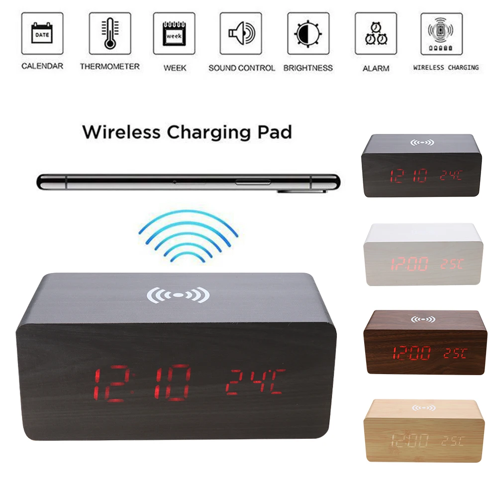 Digital Home Decor din Lemn Electric, Ceas cu Alarmă cu Wireless Charging Pad Digital cu LED-uri Încărcător pentru Dormitor 2
