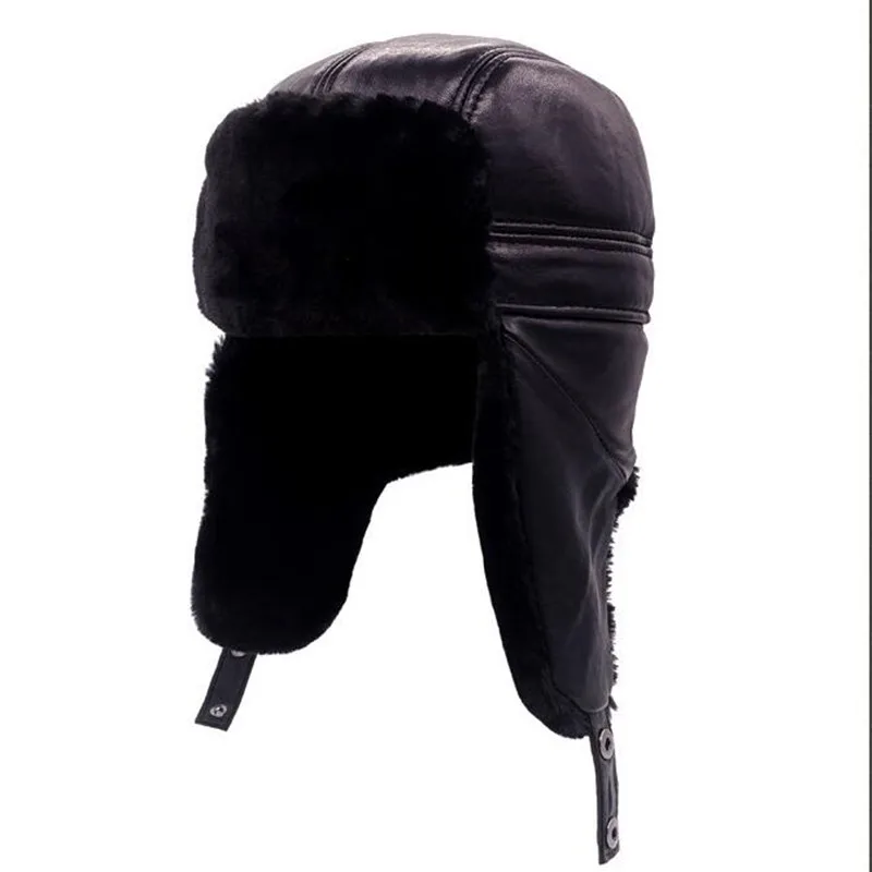 Din Piele Bomber Pălărie Mijlocul Bărbați În Vârstă De Iarnă Se Ingroase Plus Catifea Capac De Cald Piele De Oaie De Modă În Aer Liber Masculin Pălării Negre H263 2