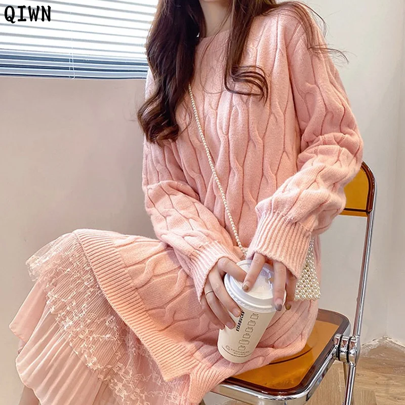 Dintr-O Bucata Femeie Dantela Cusut Poftă De Mâncare Rochie Femei De Iarnă Coreean Maneca Lunga Pulover Tricotate Rochii 2021 Primăvară Femeie Rochie Midi 2