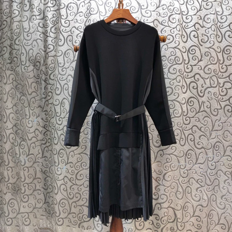 GALCAUR Mozaic Lovit de Culoare Plisata pentru Femei Rochii O-Neck Maneca Lunga Talie Mare, Cu Esarfe Black Dress Pentru Femei 2020 Stil 2