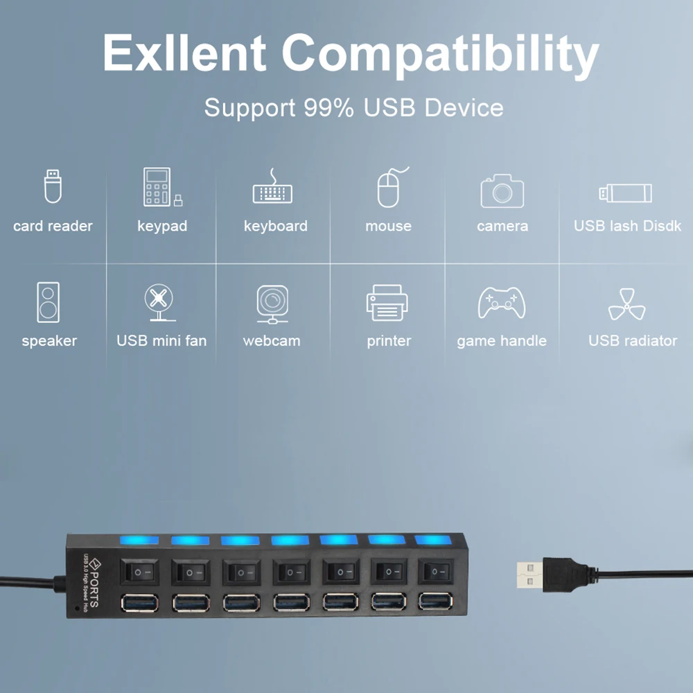 HUB USB 3.0 Multi USB Splitter 7 Port Expander mai Multe USB 3 Hab cu Adaptor USB3.0 Hub cu Comutator Pentru Calculator 2