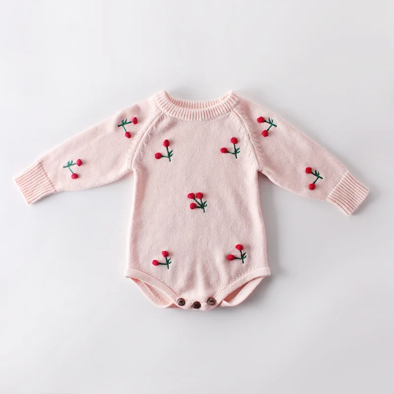 Ins Toamna Stil 2019 Copilul Cherry Salopetă Nou-Născut Dulce Roz Cu Maneci Lungi Tricotate Din Lână Salopete Fetita Floral Costum De Haine 2
